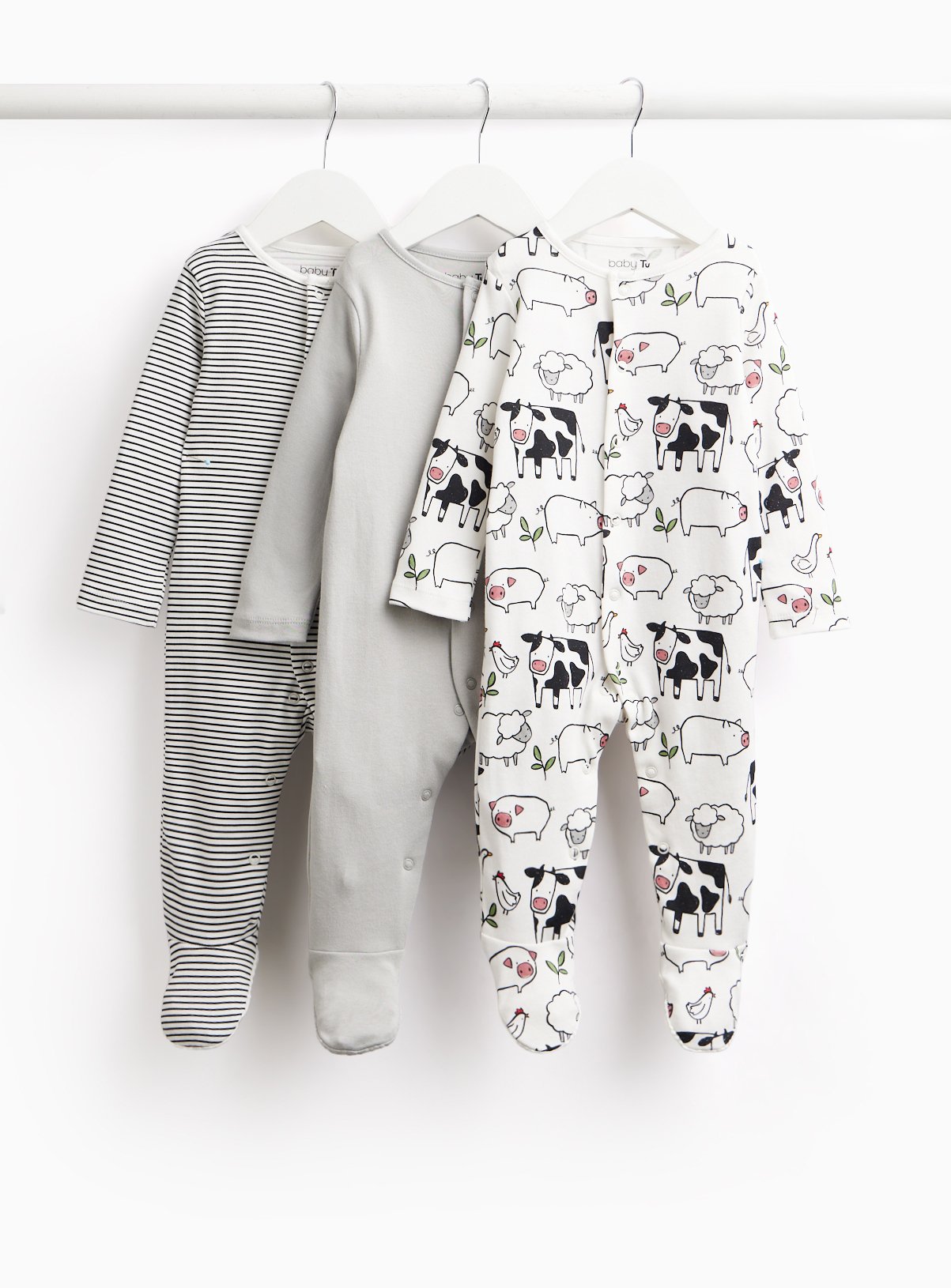 Monochrome Farmyard Print Sleepsuits 3-Pack Up to 1 mth - Image 1 thumbnail